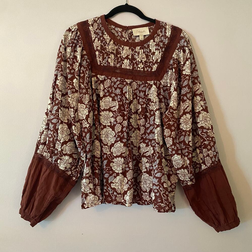 Cleobella Burgundy Red White Floral Smocked Lace Peasant Blouse Cotton Women XL
